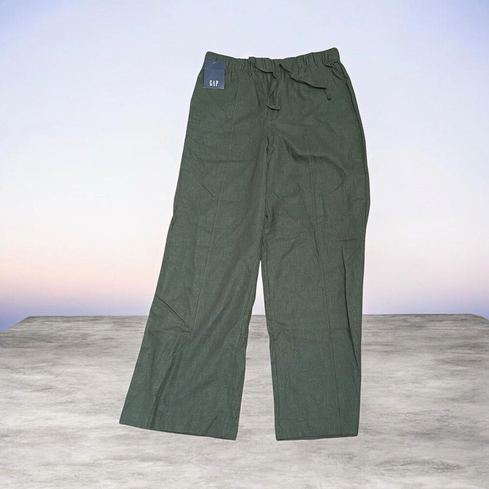 Gap Women’s Green Linen Cotton Straight Leg Pants Elastic Waist Pockets S